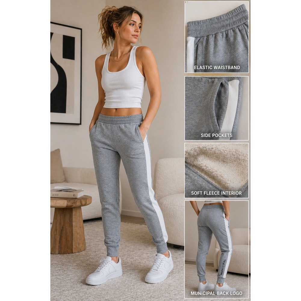 Municipal Joggers Womens L Gray Side Stripe Athletic Sweatpants Slim Fit